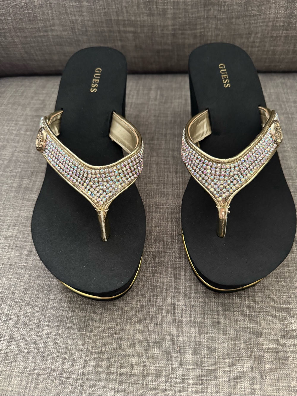 GUESS Gold and Black Crystal Embellished Women's Thong Sandals